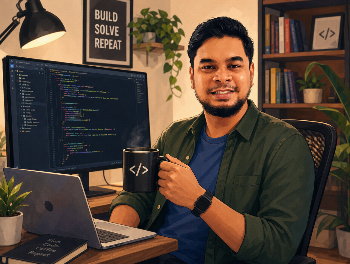 Illustration of Shakir coding with a coffee mug