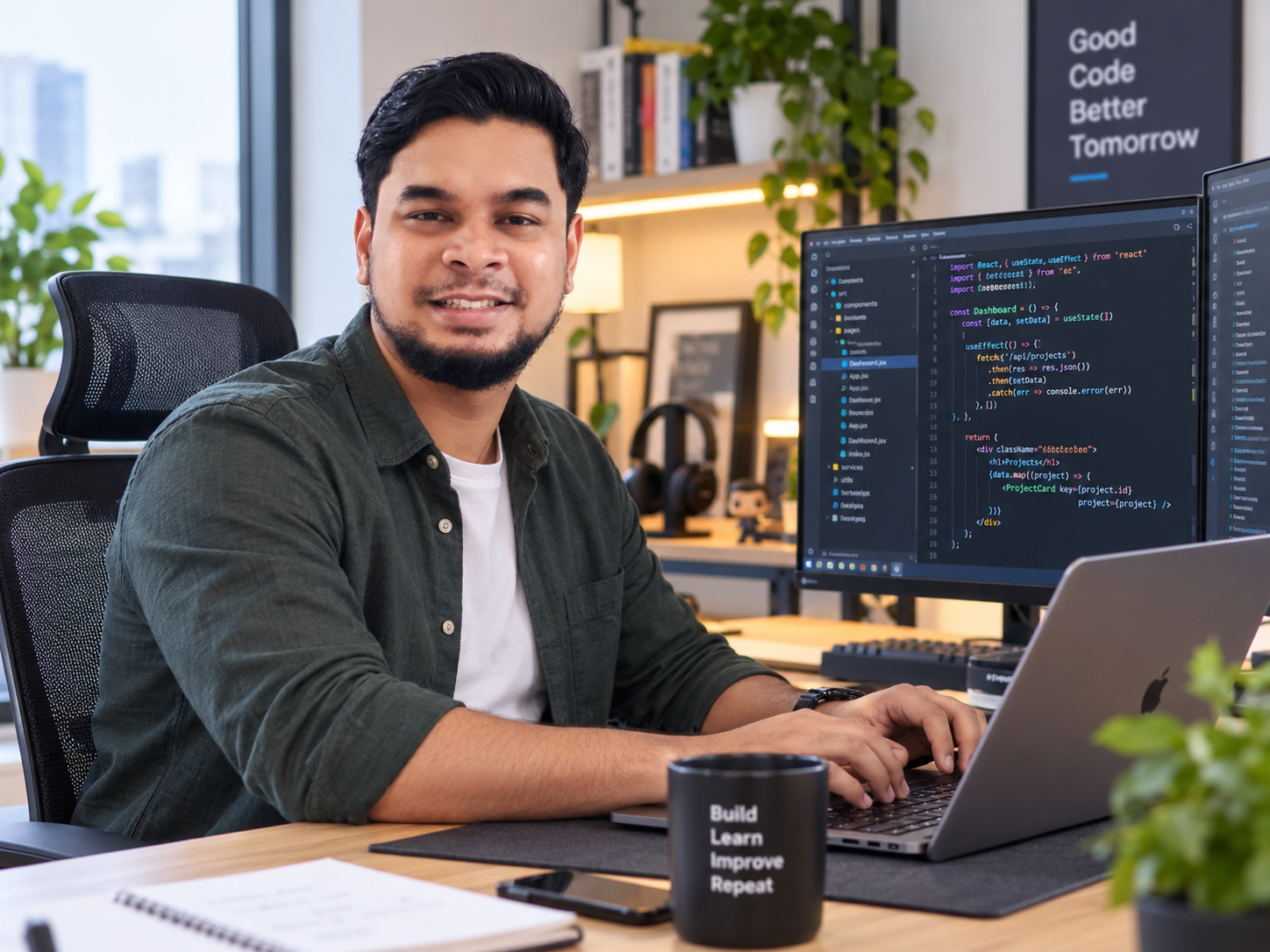 Shakir at his workspace — Build, Learn, Improve, Repeat