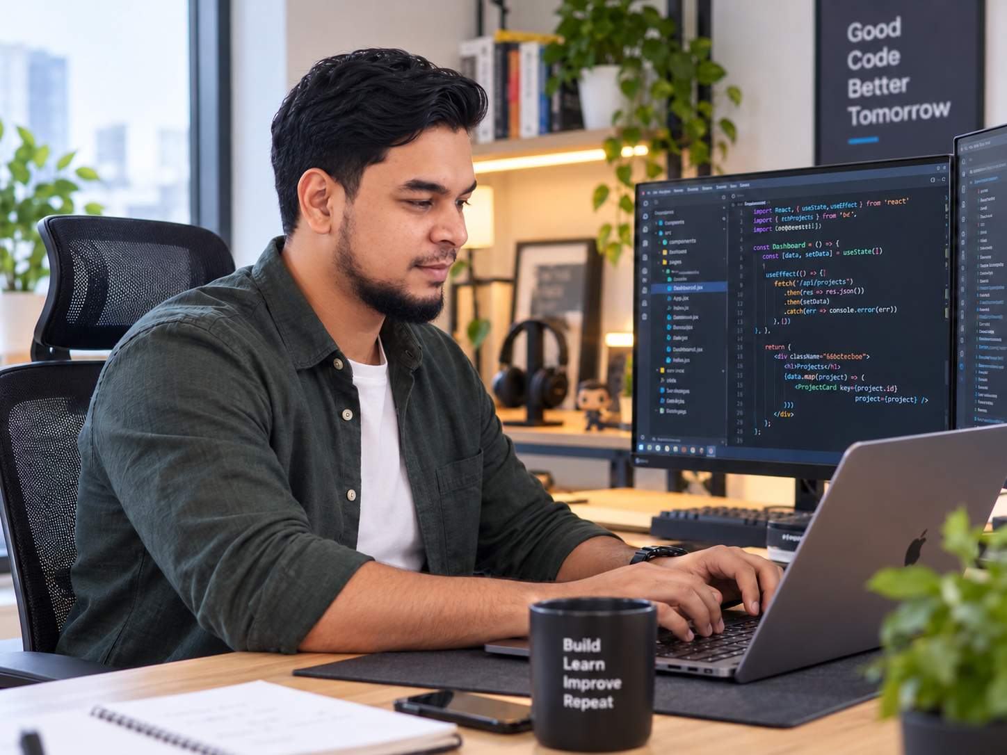 Shakir focused at his desk, writing code across two screens